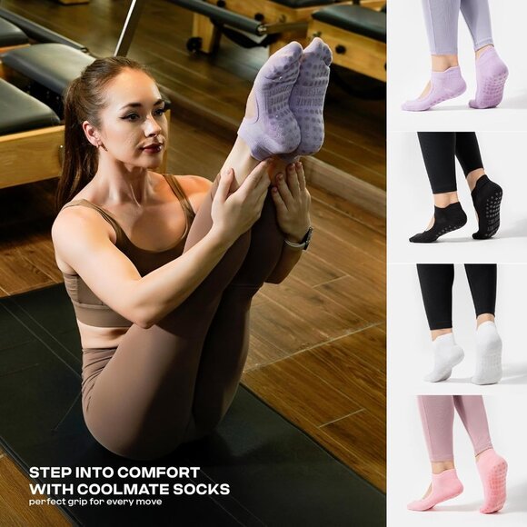 COOLMATE Pilates Socks with Grips for Women, Yoga Socks, Crew Non Slip Women for - Picture 2 of 8